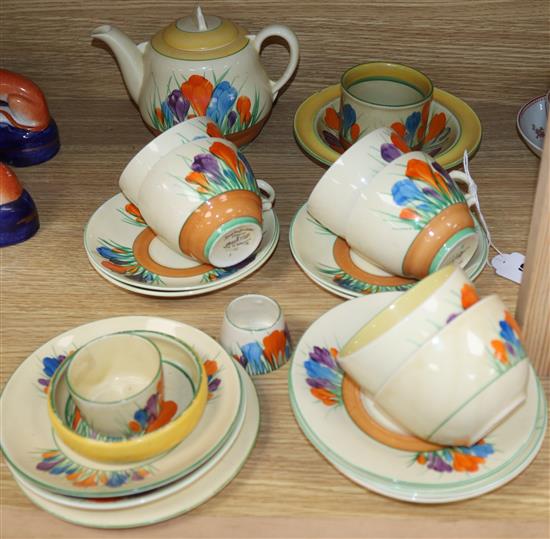 A Clarice Cliff crocus pattern teawares and teapot